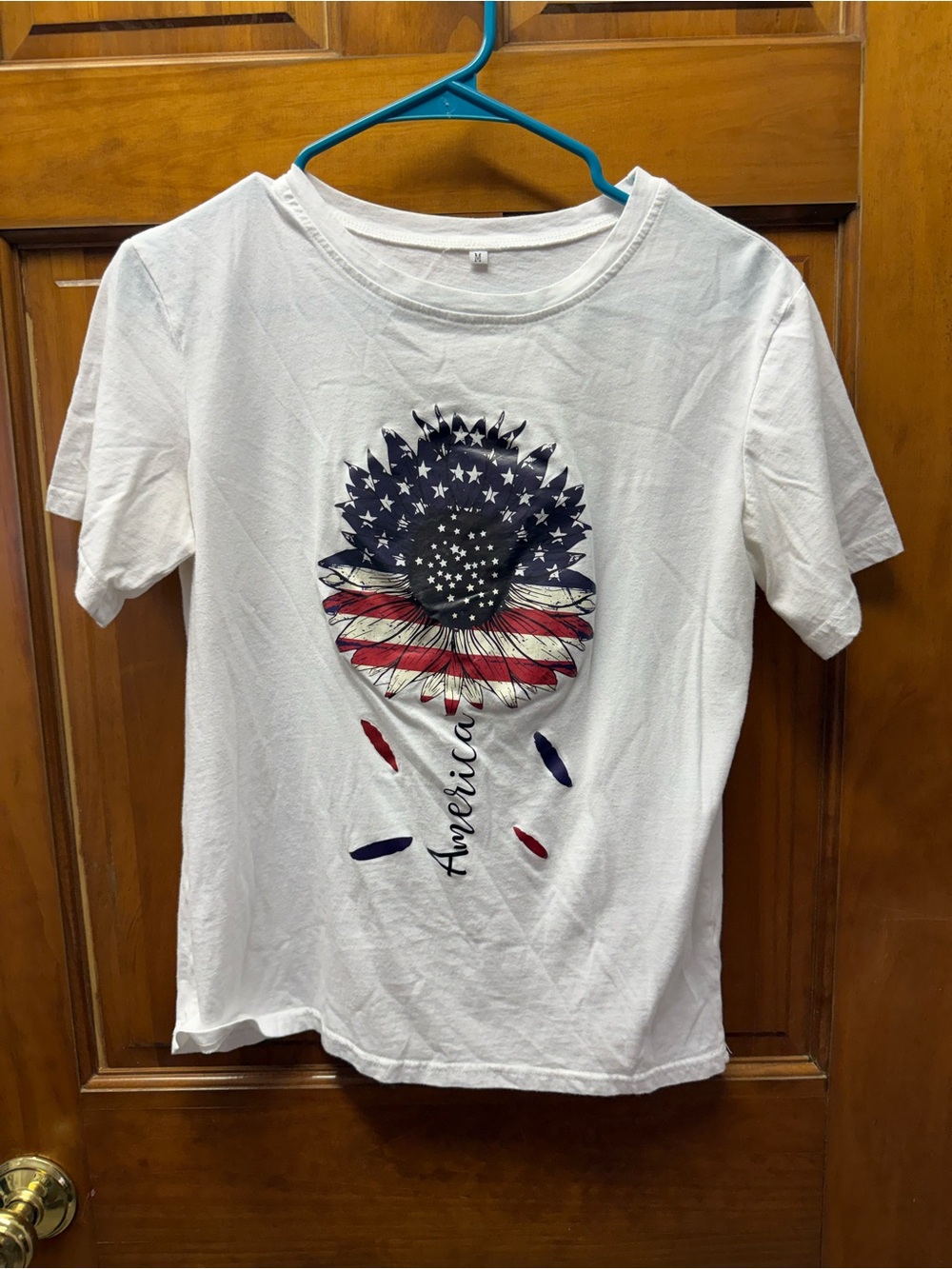 White Tee with American Flag Sunflower Graphic